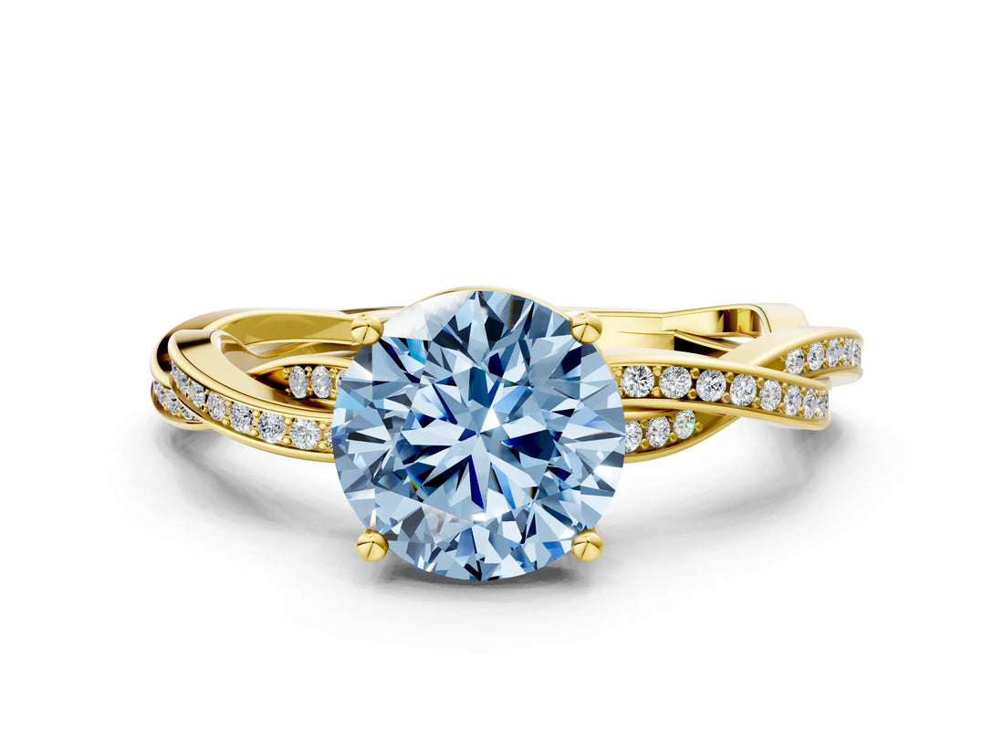 Yellow gold Fancy Blue Round  Solitaire Twisted Pave Diamond Ring with Four-Prong Setting_103