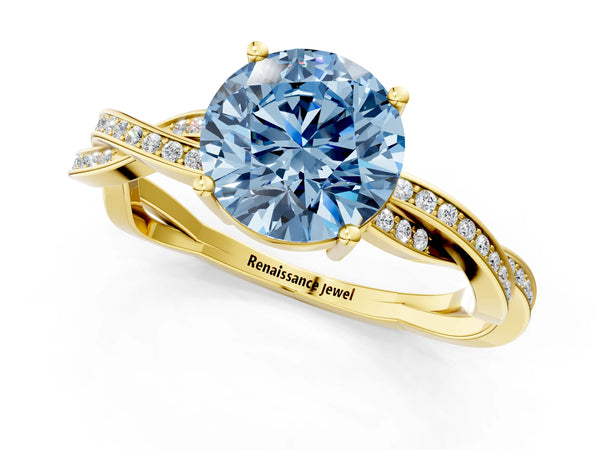 Yellow gold Fancy Blue Round  Solitaire Twisted Pave Diamond Ring with Four-Prong Setting