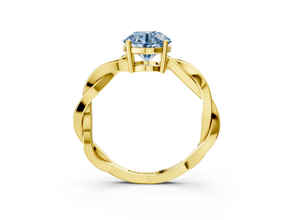 Yellow gold Fancy Blue Round  Solitaire Twisted Pave Diamond Ring with Four-Prong Setting