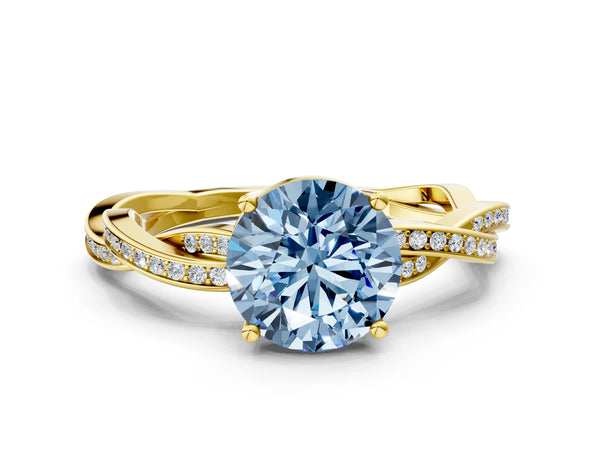 Yellow gold Fancy Blue Round  Solitaire Twisted Pave Diamond Ring with Four-Prong Setting