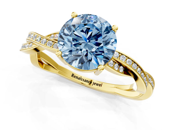 Yellow gold Fancy Blue Round  Solitaire Twisted Pave Diamond Ring with Four-Prong Setting
