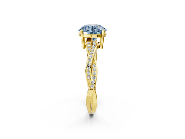 Yellow gold Fancy Blue Round  Solitaire Twisted Pave Diamond Ring with Four-Prong Setting