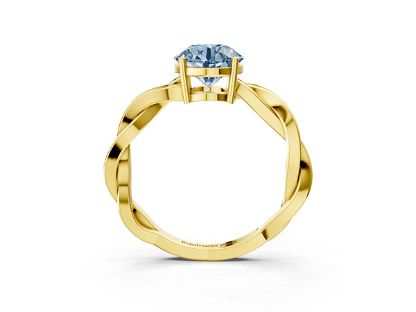 Yellow gold Fancy Blue Round  Solitaire Twisted Pave Diamond Ring with Four-Prong Setting
