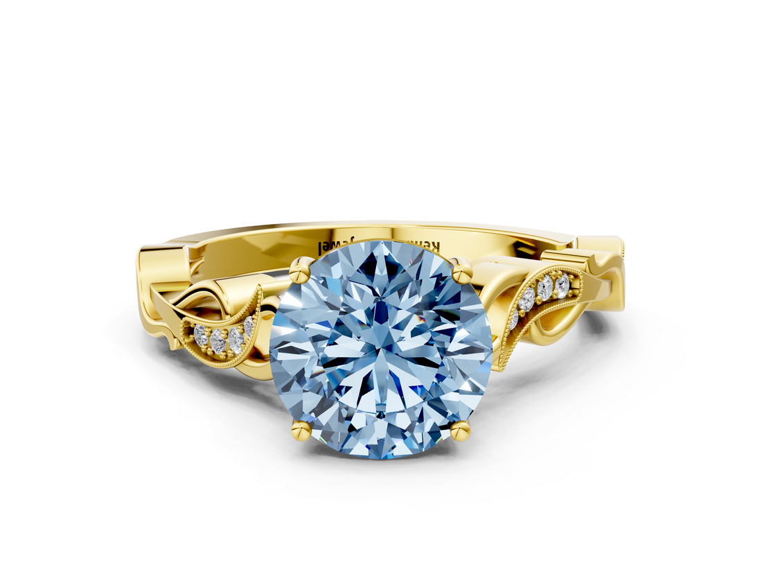 Yellow gold Fancy Blue Round  Solitaire Vine Band with Milgrain Prong Setting_3