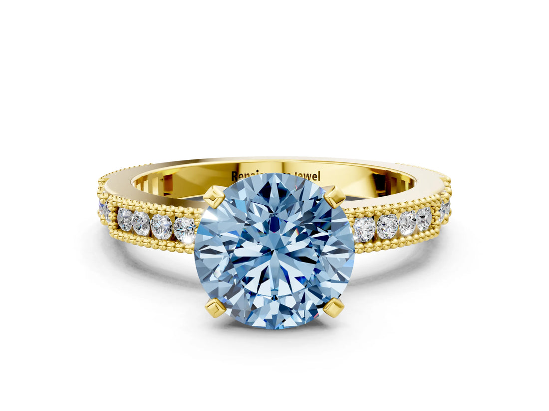 Yellow gold Fancy Blue Round  Solitaire with Pavé Band and Four-Prong Setting_324
