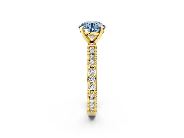 Yellow gold Fancy Blue Round  Solitaire with Pavé Band and Four-Prong Setting
