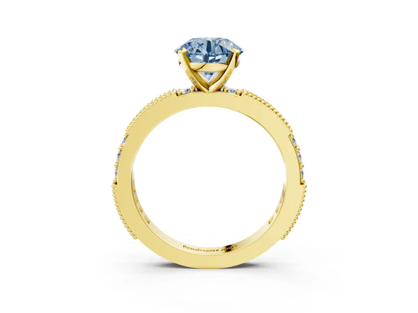 Yellow gold Fancy Blue Round  Solitaire with Pavé Band and Four-Prong Setting