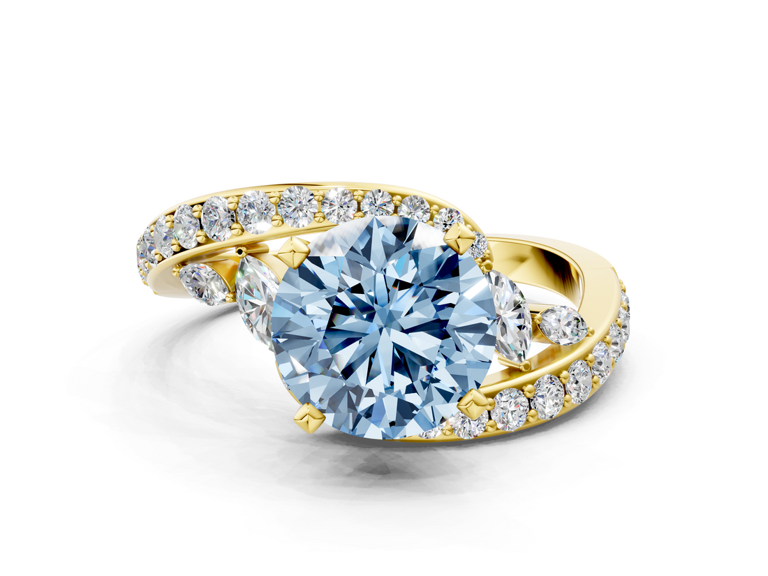 Yellow gold Fancy Blue Round  Solitaire with Pavé Twist Band and Four-Prong Setting_79