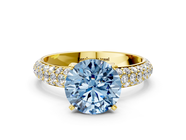 Yellow gold Fancy Blue Round  Diamond Solitaire Ring with Prong Setting and Pavé Band
