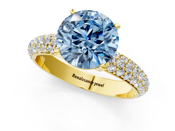 Yellow gold Fancy Blue Round  Diamond Solitaire Ring with Prong Setting and Pavé Band