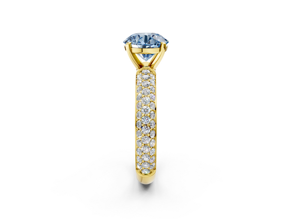 Yellow gold Fancy Blue Round  Diamond Solitaire Ring with Prong Setting and Pavé Band