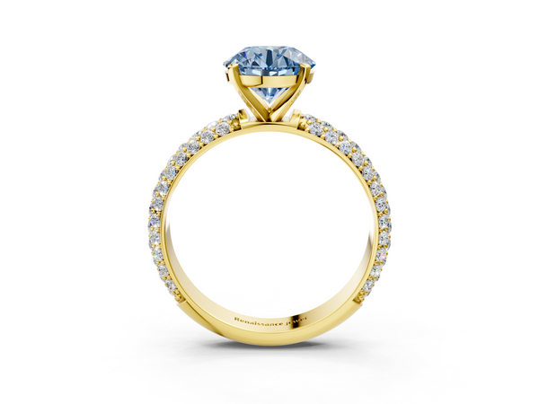 Yellow gold Fancy Blue Round  Diamond Solitaire Ring with Prong Setting and Pavé Band