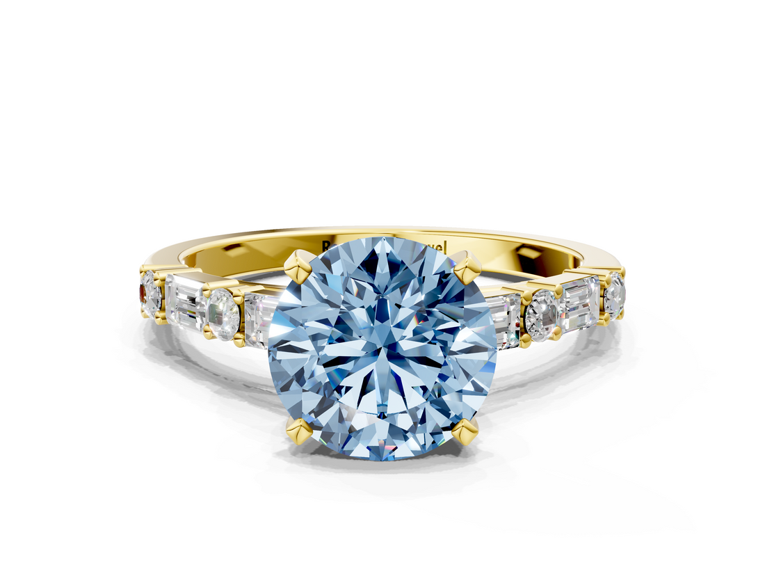 Yellow gold Fancy Blue Round  Solitaire with Side Baguettes and Channel Set Band_59