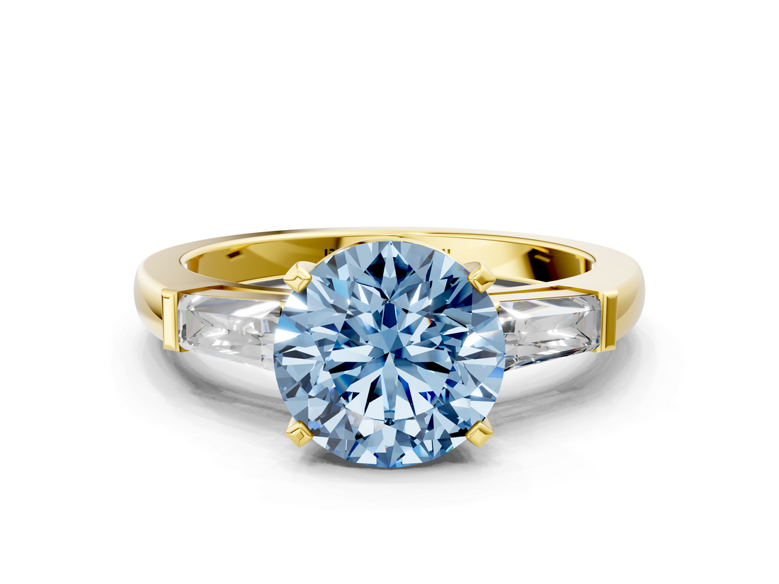 Yellow gold Fancy Blue Round  Solitaire with Tapered Baguette Side Stones on a Classic Band with Four-Prong Setting_91