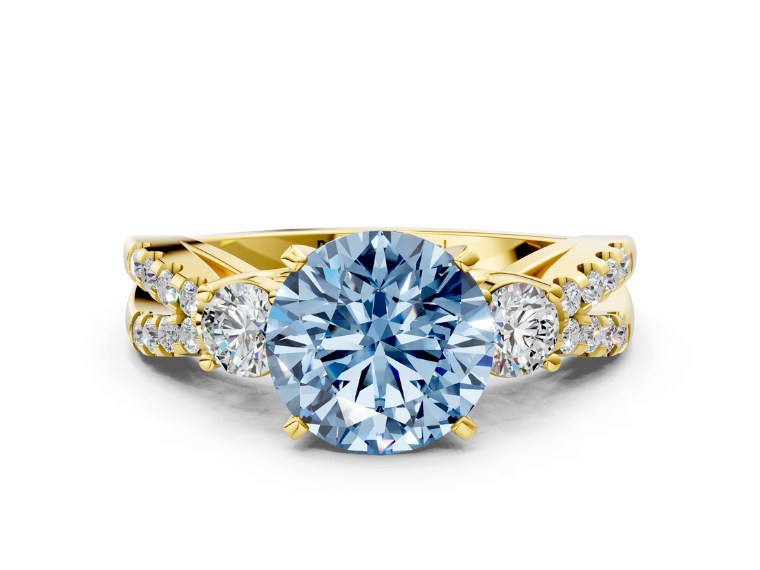 Yellow gold Fancy Blue Round  Three-Stone Diamond Ring with Pavé Split Shank and Four-Prong Setting_63