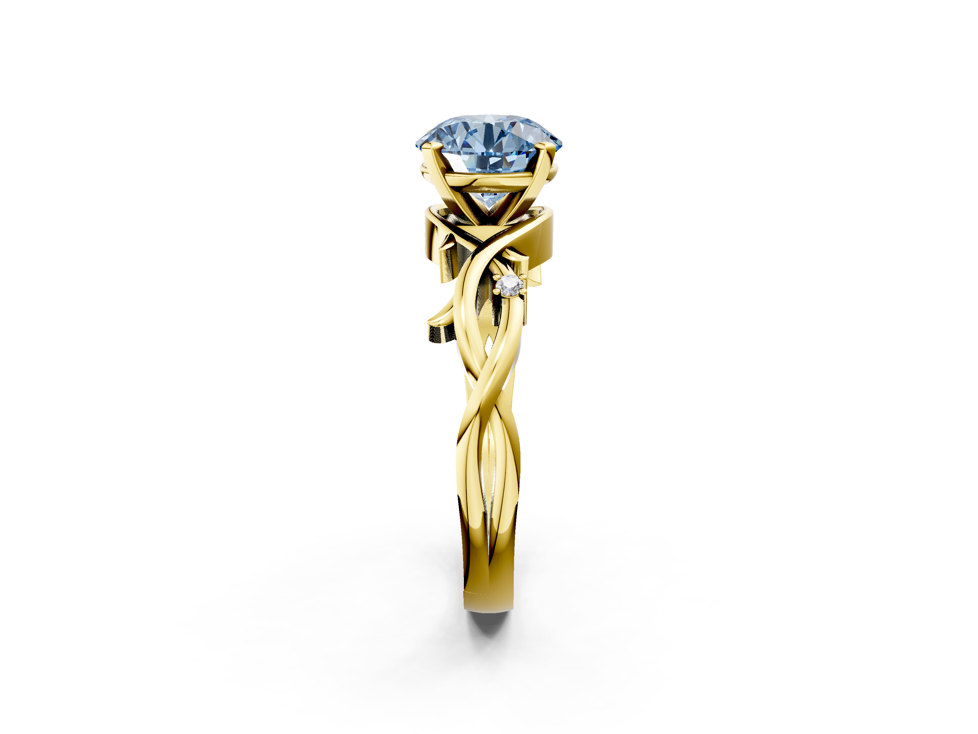 Yellow gold Fancy Blue Round cut Solitaire Twisted Band Prong Setting Ring_208