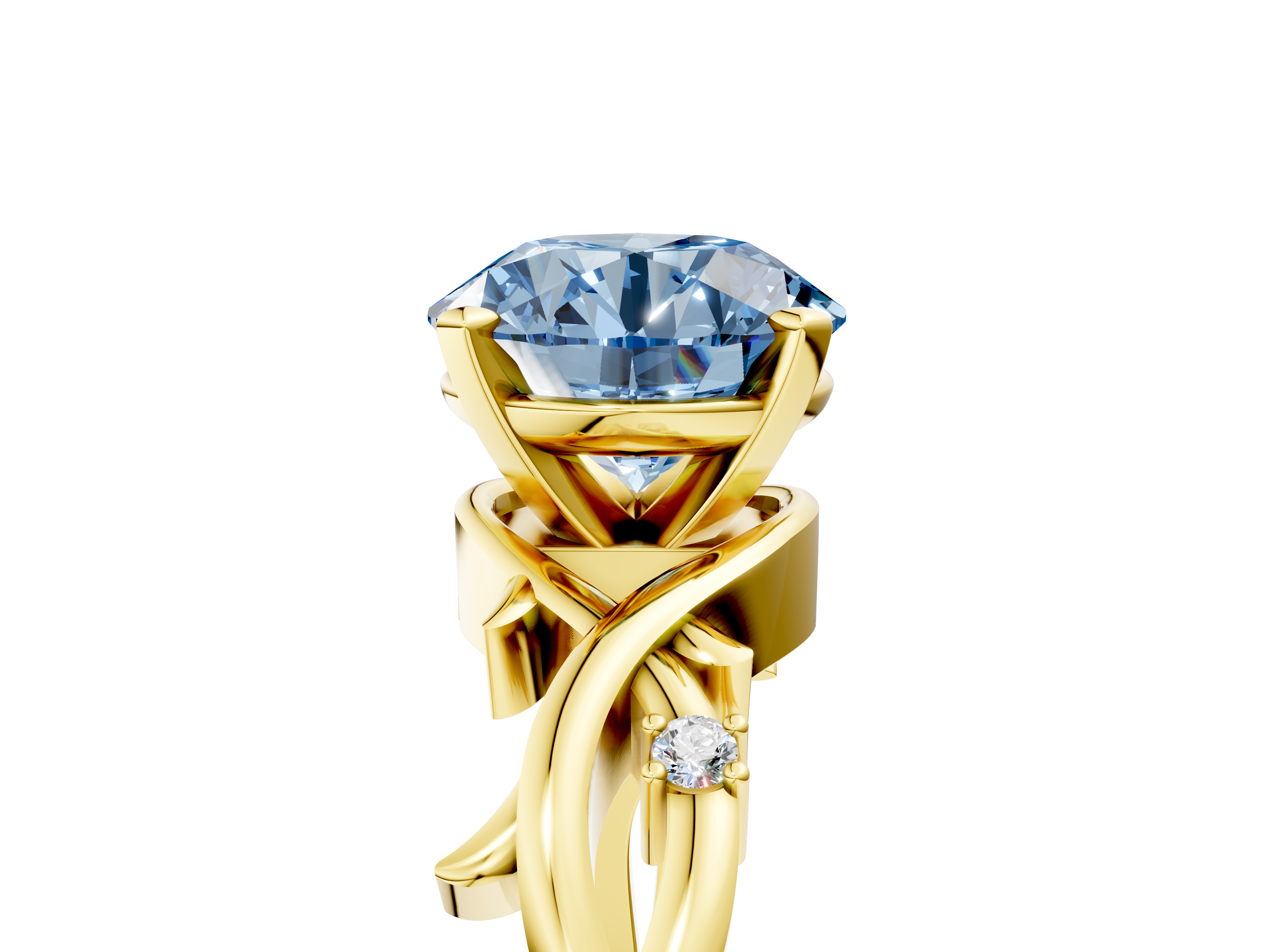 Yellow gold Fancy Blue Round cut Solitaire Twisted Band Prong Setting Ring_211