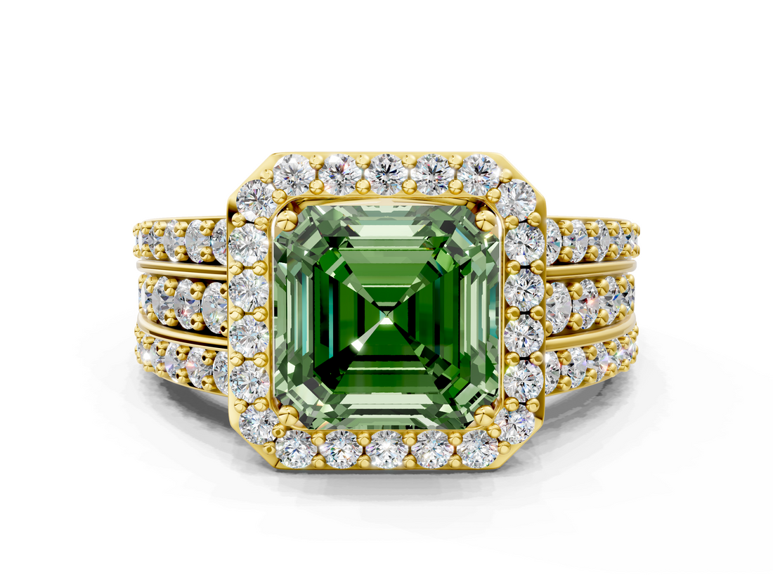Yellow gold Fancy Green Asscher -Cut Halo Diamond Ring with Split Shank and Four-Prong Setting_17
