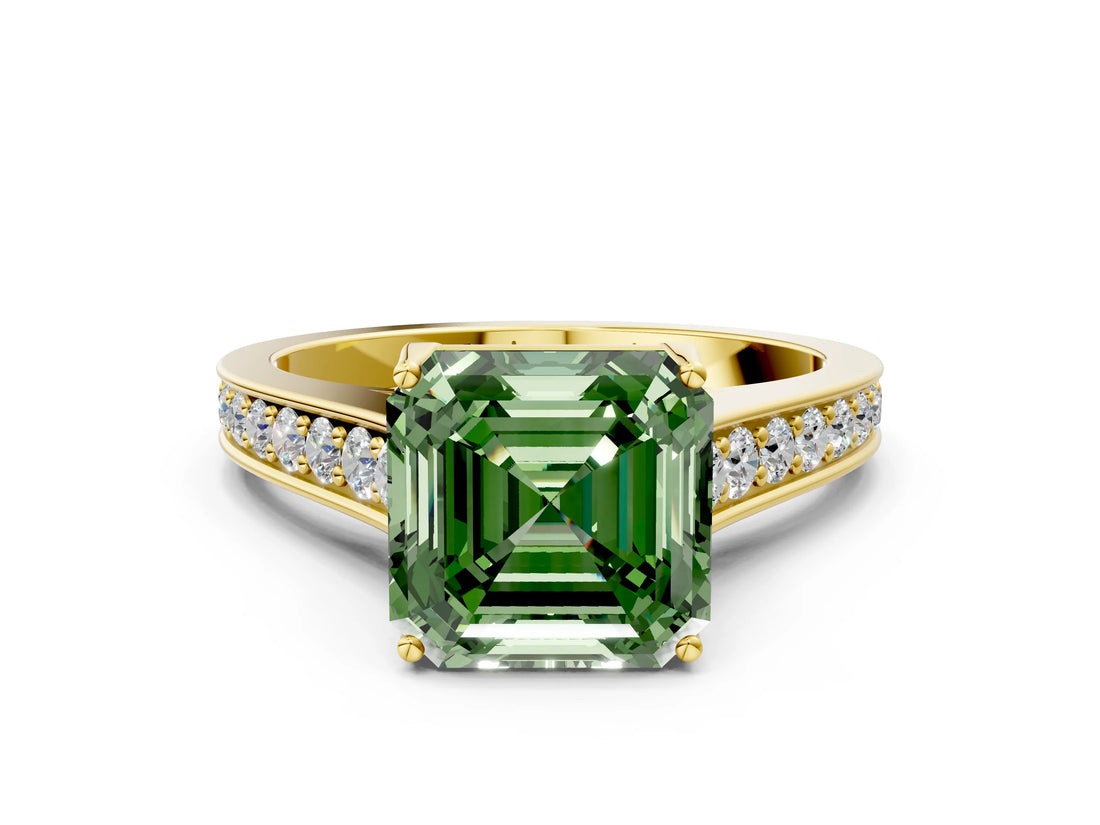 Yellow gold Fancy Green Asscher  Brilliant Cut Diamond Engagement Ring with Pavé Band and Four-Prong Setting_29