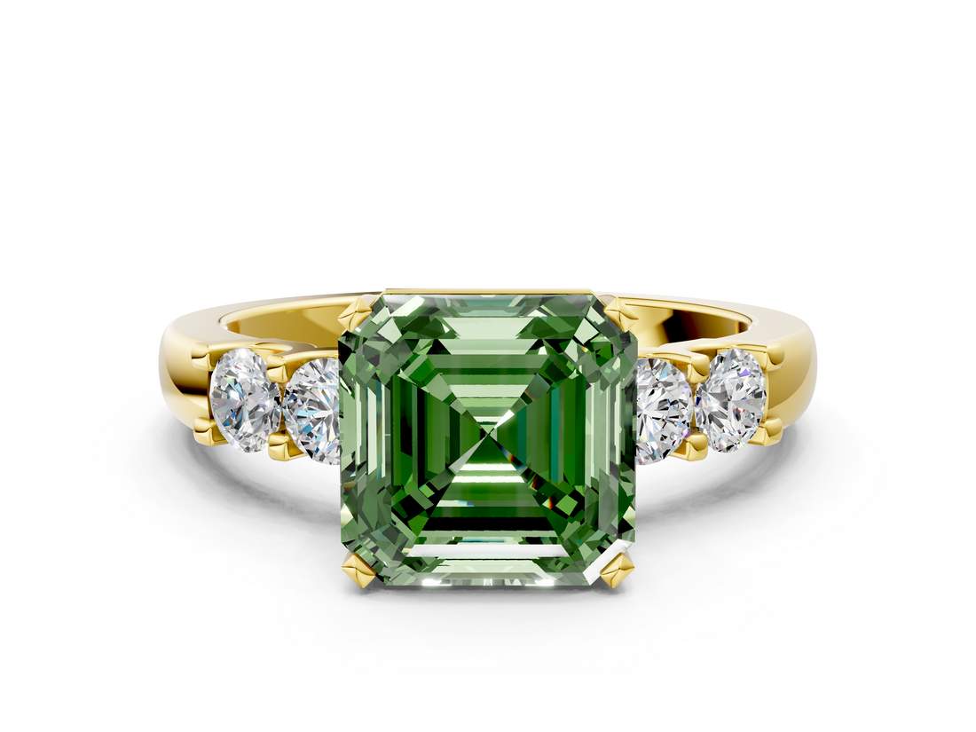 Yellow gold Fancy Green Asscher  Brilliant Cut Diamond Five-Stone Prong Set Engagement Ring with Channel Band_18