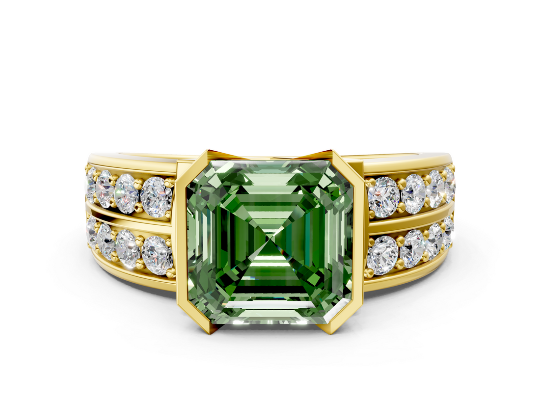 Yellow gold Fancy Green Asscher  Brilliant Diamond Channel Set Wide Band Ring with Bezel Setting