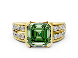 Yellow gold Fancy Green Asscher  Brilliant Diamond Channel Set Wide Band Ring with Bezel Setting