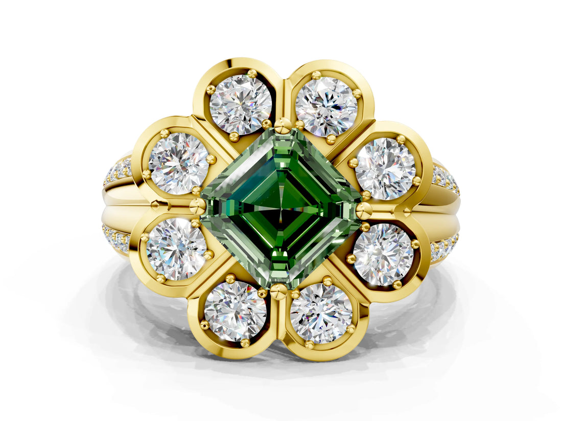 Yellow gold Fancy Green Asscher  Brilliant Flower Halo Diamond Split Shank Ring_39