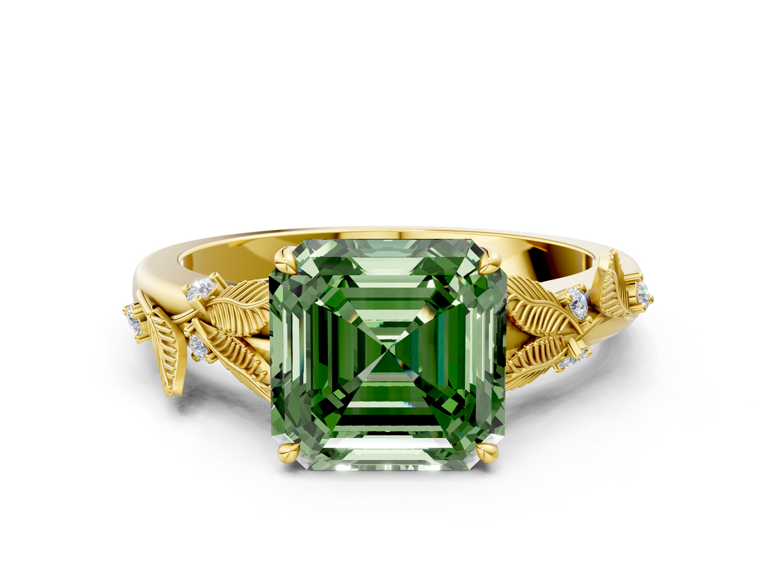Yellow gold Fancy Green Asscher  Brilliant Solitaire with Leaf Motif Band and Four-Prong Setting
