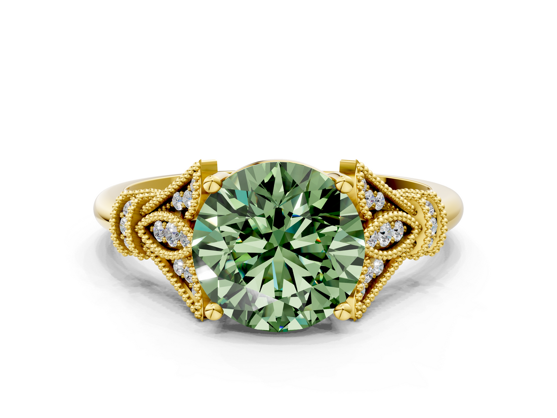 Yellow gold Fancy Green Asscher  Brilliant Solitaire with Pave Band and Four-Prong Setting