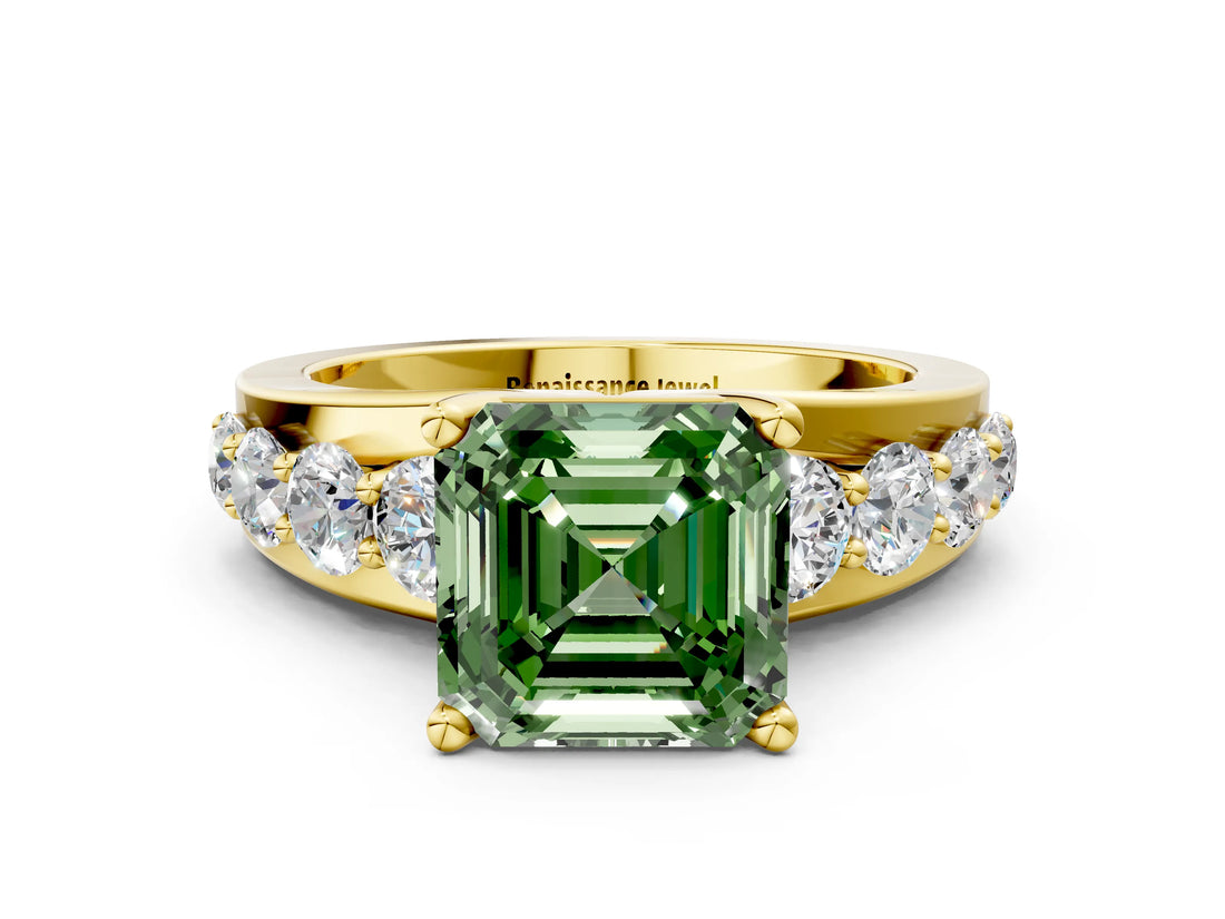 Yellow gold Fancy Green Asscher  Brilliant Solitaire with Side Stones on a Pave Band and Four-Prong Setting_24
