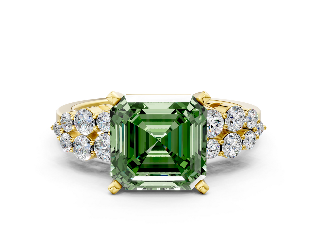 Yellow gold Fancy Green Asscher  Cluster Diamond Engagement Ring with Pavé Band and Four-Prong Setting_17