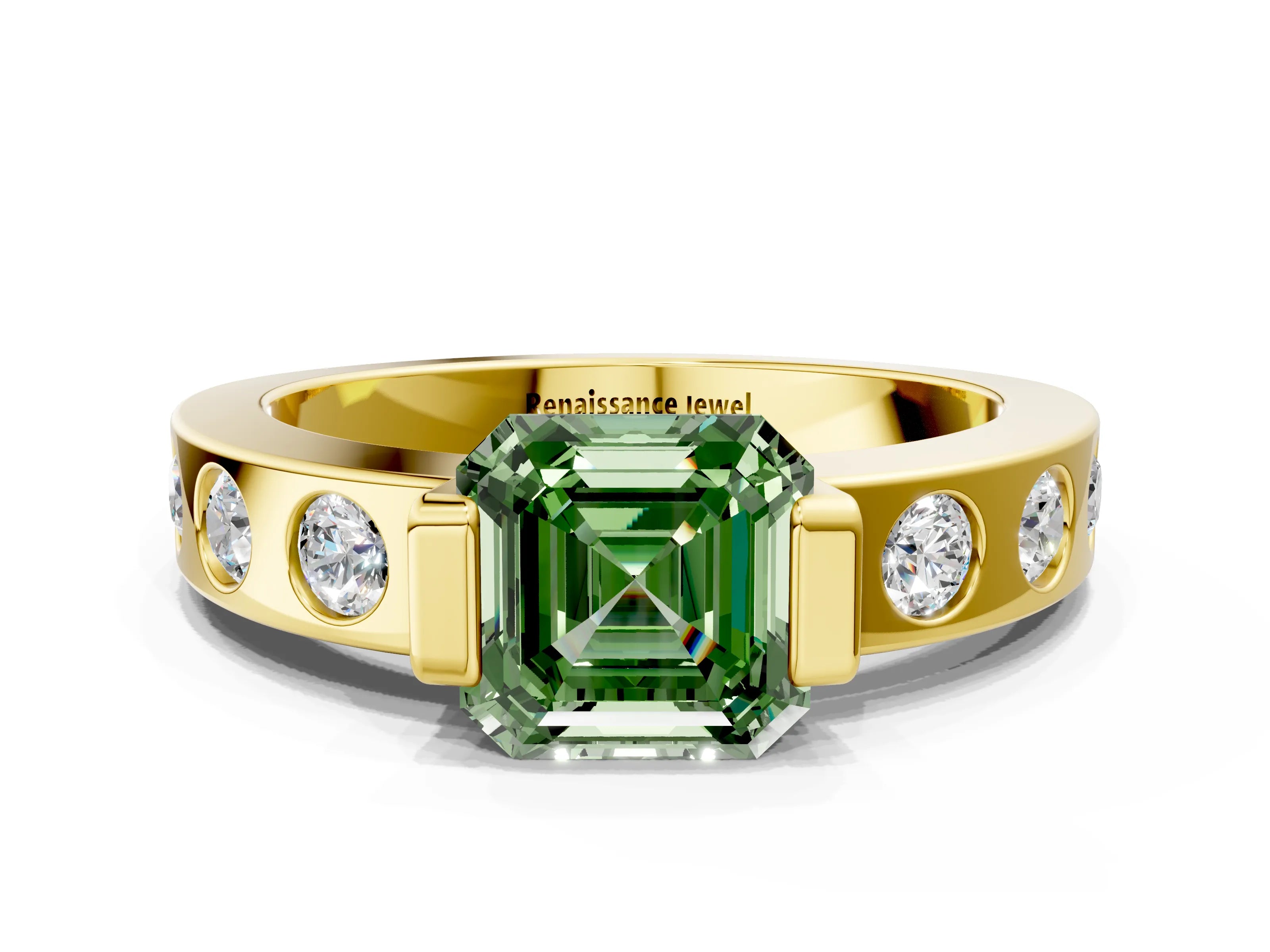 Yellow gold Fancy Green Asscher Cut Brilliant Channel-Set Diamond Ring with Bezel Prong Setting