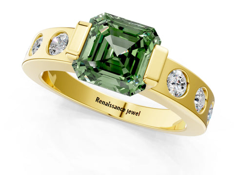 Yellow gold Fancy Green Asscher Cut Brilliant Channel-Set Diamond Ring with Bezel Prong Setting_1