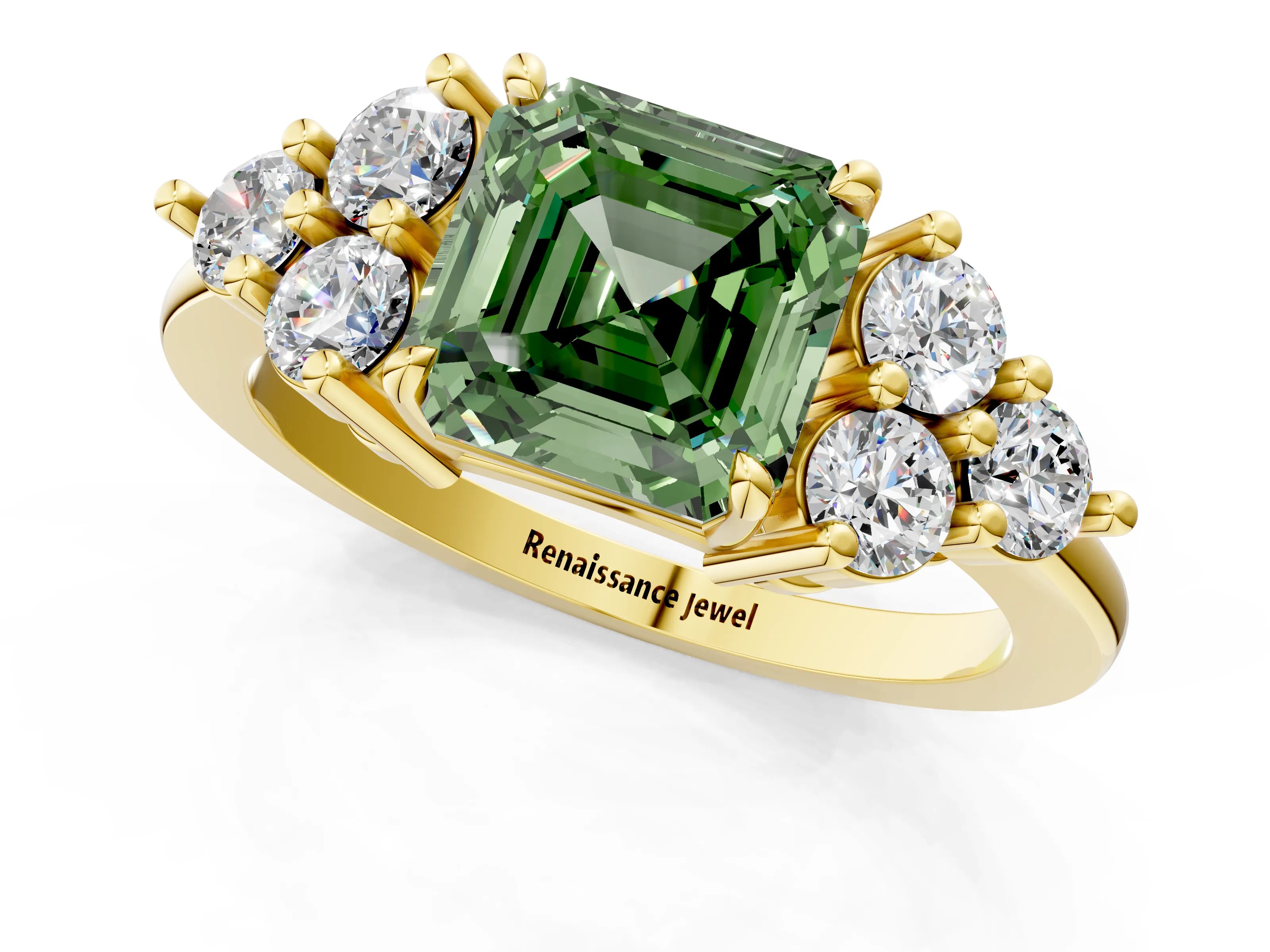 Yellow gold Fancy Green Asscher Cut Brilliant Diamond Cluster Accent Solitaire Ring with Prong Setting_1