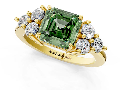 Yellow gold Fancy Green Asscher Cut Brilliant Diamond Cluster Accent Solitaire Ring with Prong Setting_1