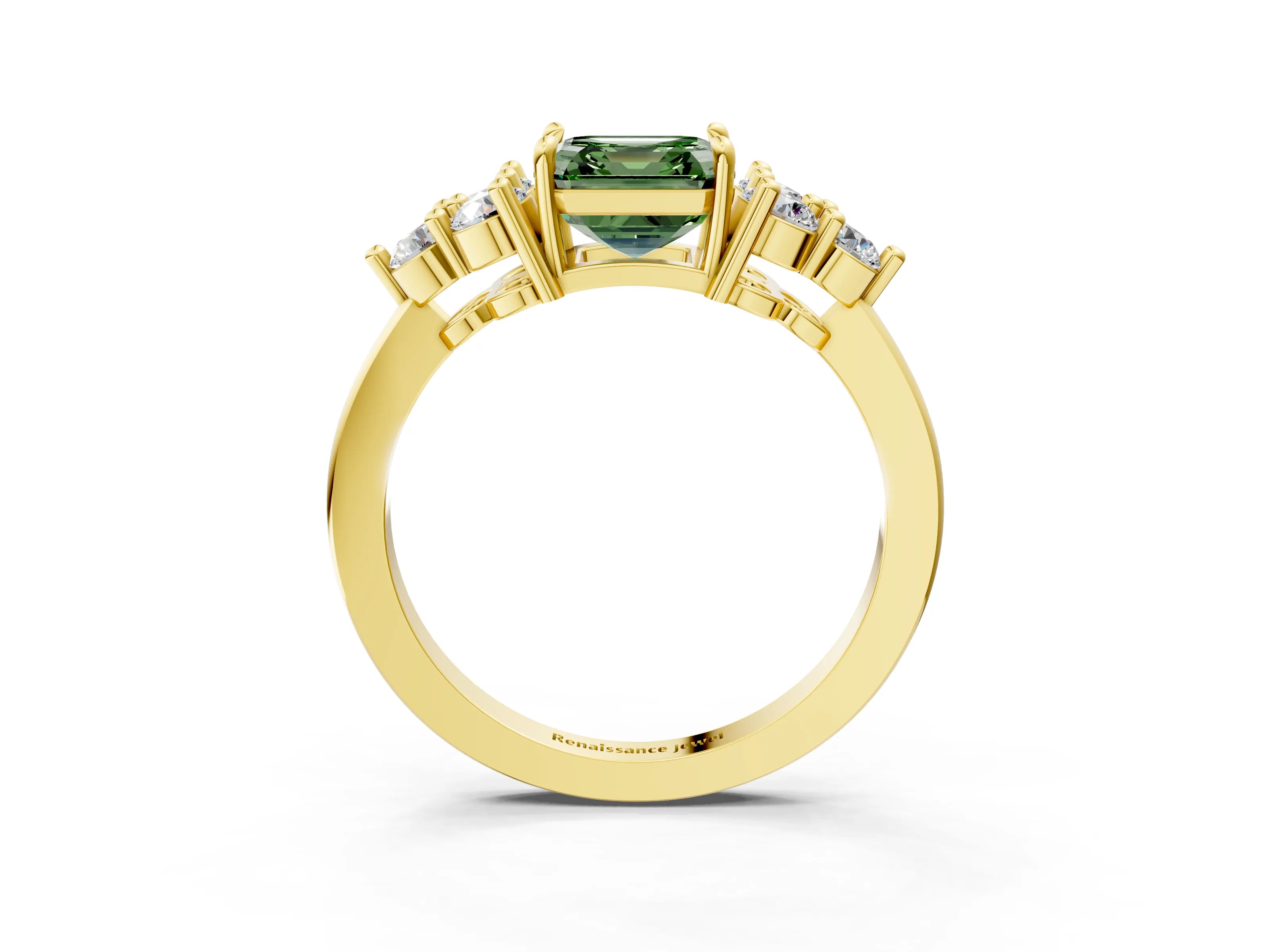 Yellow gold Fancy Green Asscher Cut Brilliant Diamond Cluster Accent Solitaire Ring with Prong Setting_3