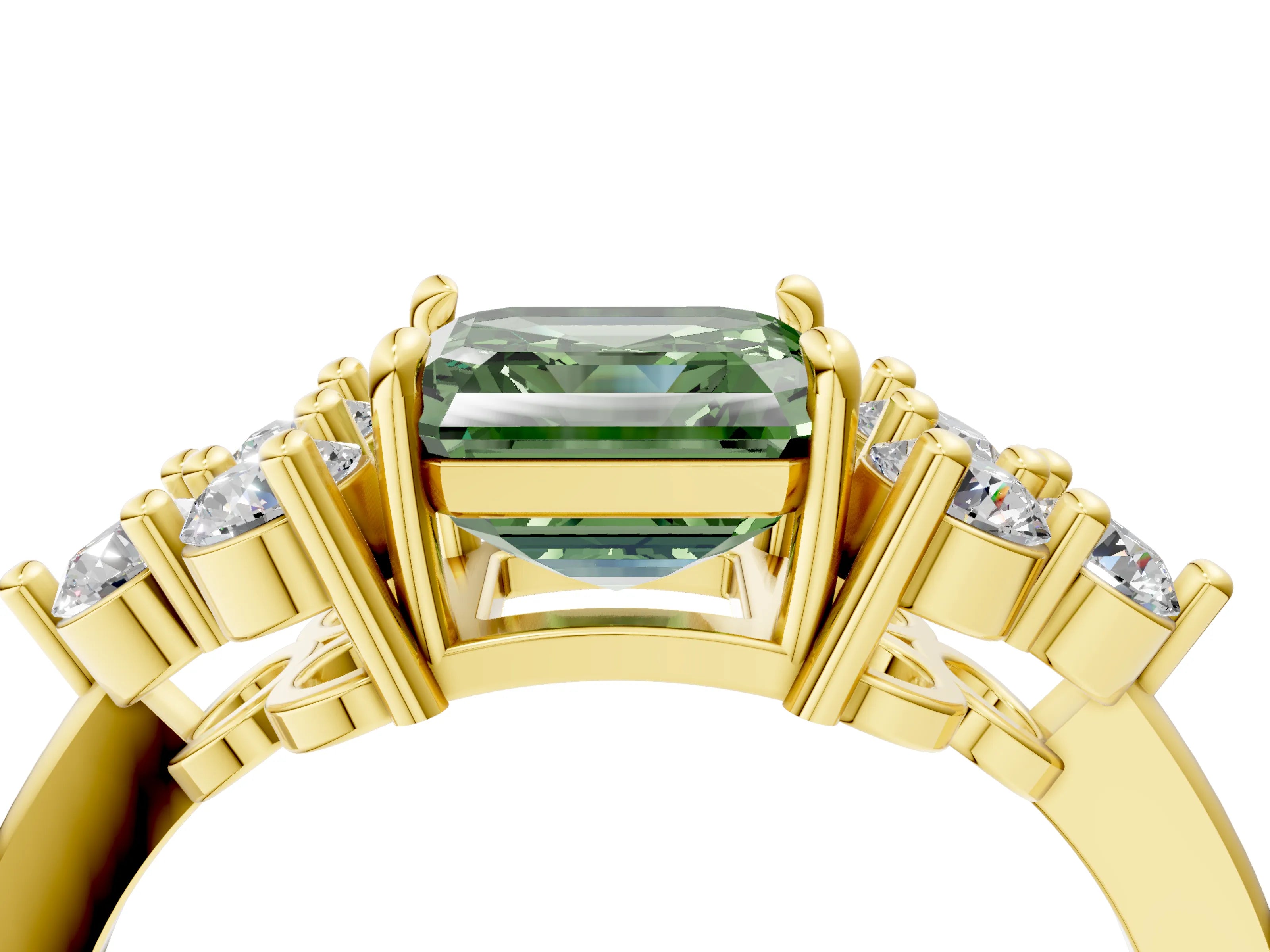 Yellow gold Fancy Green Asscher Cut Brilliant Diamond Cluster Accent Solitaire Ring with Prong Setting_4
