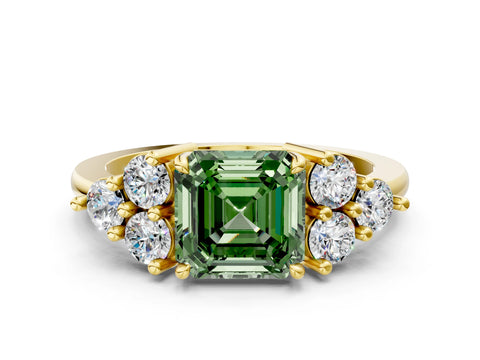 Yellow gold Fancy Green Asscher Cut Brilliant Diamond Cluster Accent Solitaire Ring with Prong Setting