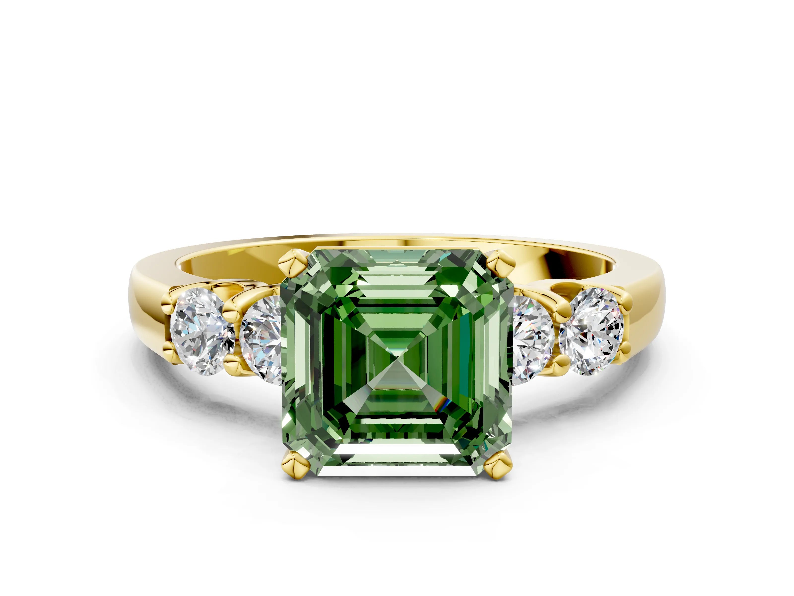 Yellow gold Fancy Green Asscher Cut Brilliant Diamond Five-Stone Engagement Ring with Prong Setting on a Classic Band_3