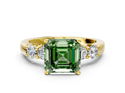 Yellow gold Fancy Green Asscher Cut Brilliant Diamond Five-Stone Engagement Ring with Prong Setting on a Classic Band_3