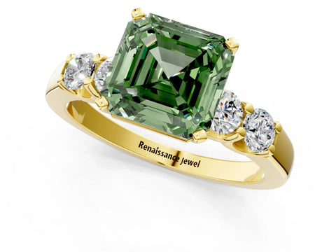 Yellow gold Fancy Green Asscher Cut Brilliant Diamond Five-Stone Engagement Ring with Prong Setting on a Classic Band_4