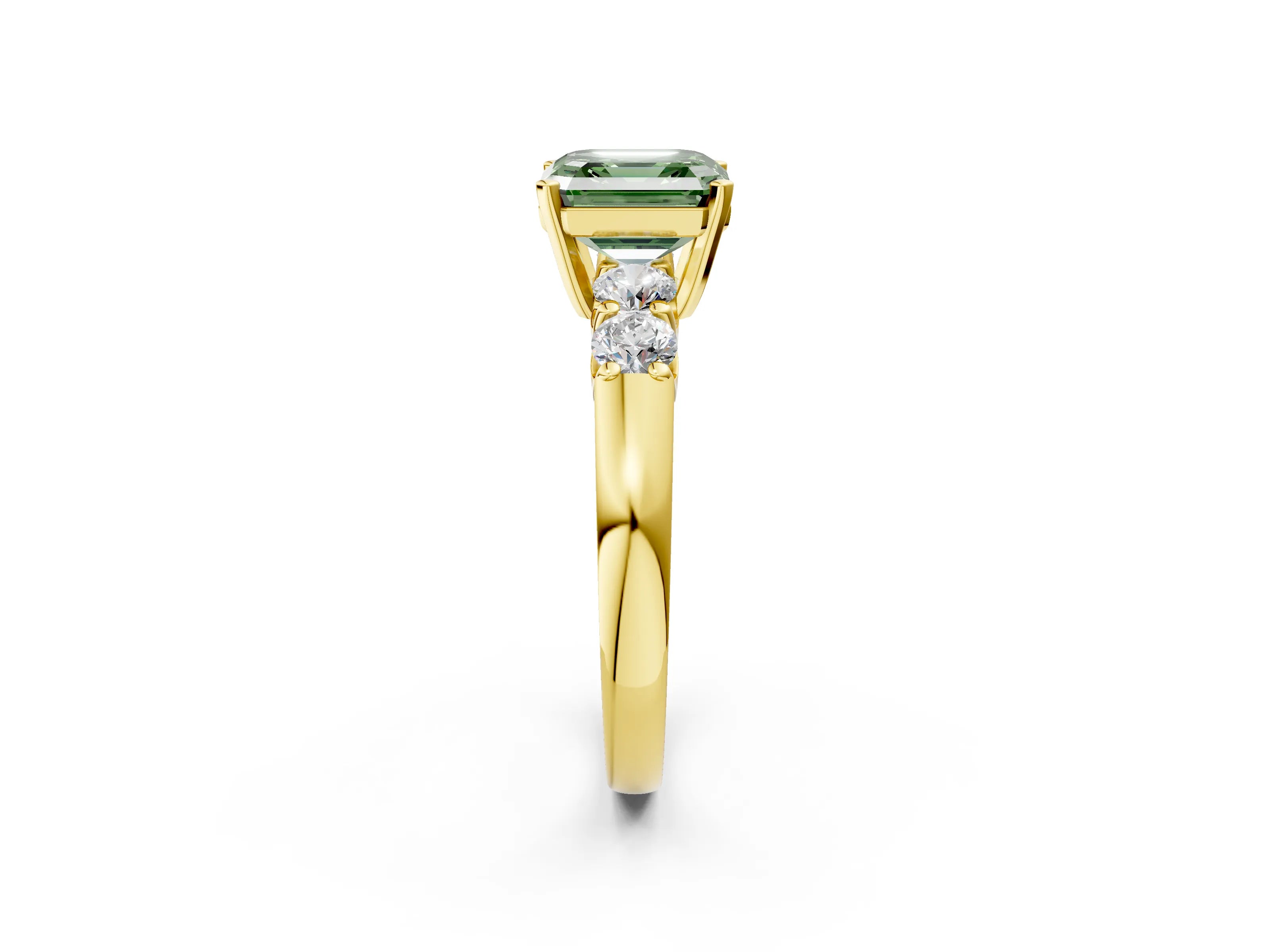 Yellow gold Fancy Green Asscher Cut Brilliant Diamond Five-Stone Engagement Ring with Prong Setting on a Classic Band_5