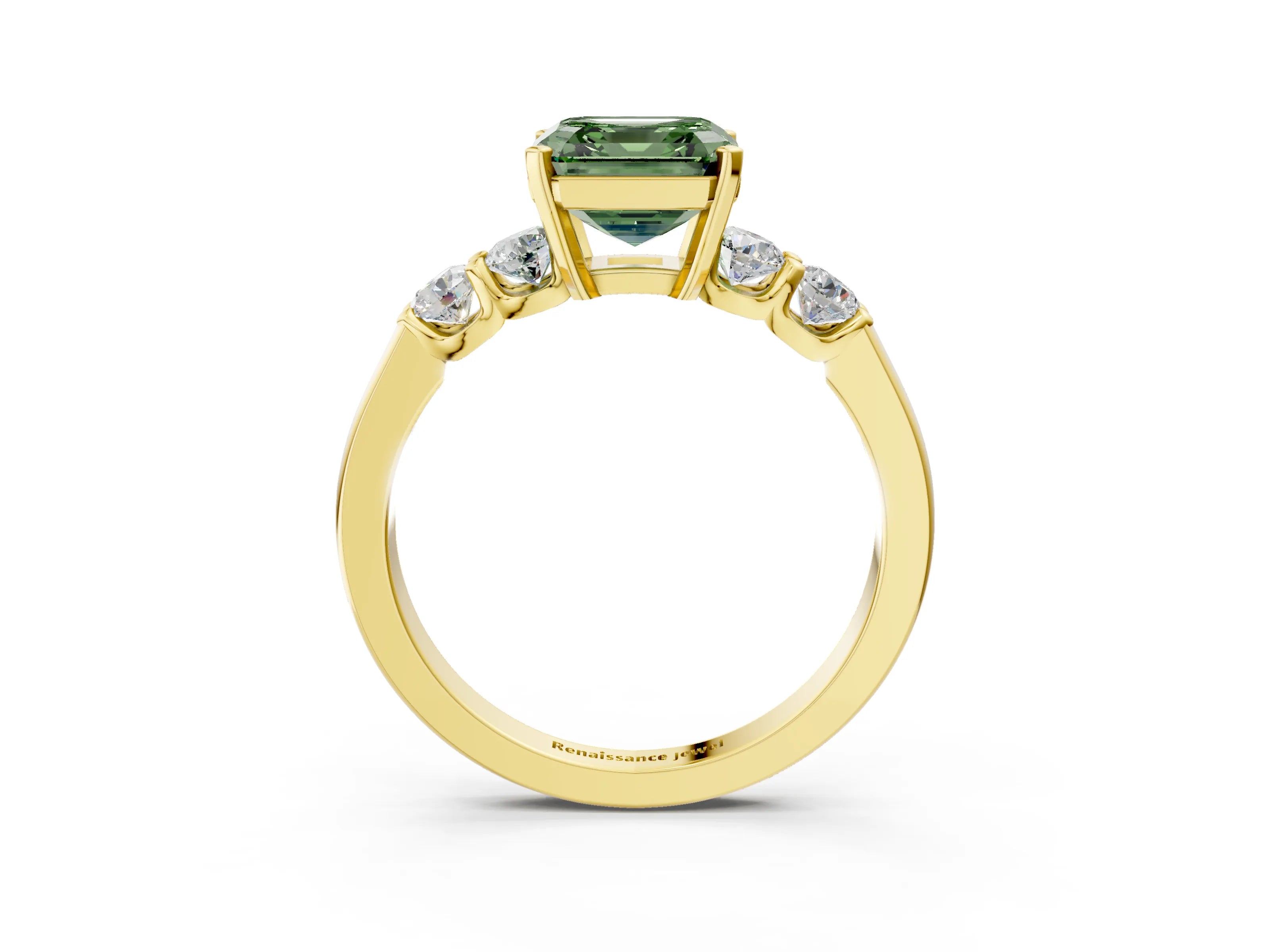 Yellow gold Fancy Green Asscher Cut Brilliant Diamond Five-Stone Engagement Ring with Prong Setting on a Classic Band_6