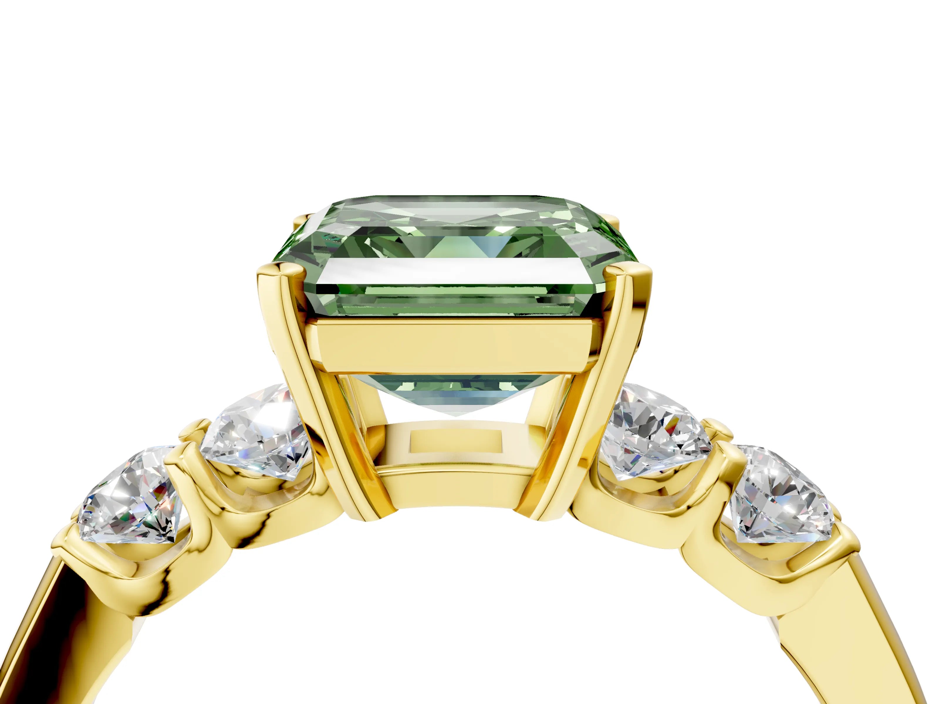 Yellow gold Fancy Green Asscher Cut Brilliant Diamond Five-Stone Engagement Ring with Prong Setting on a Classic Band_7