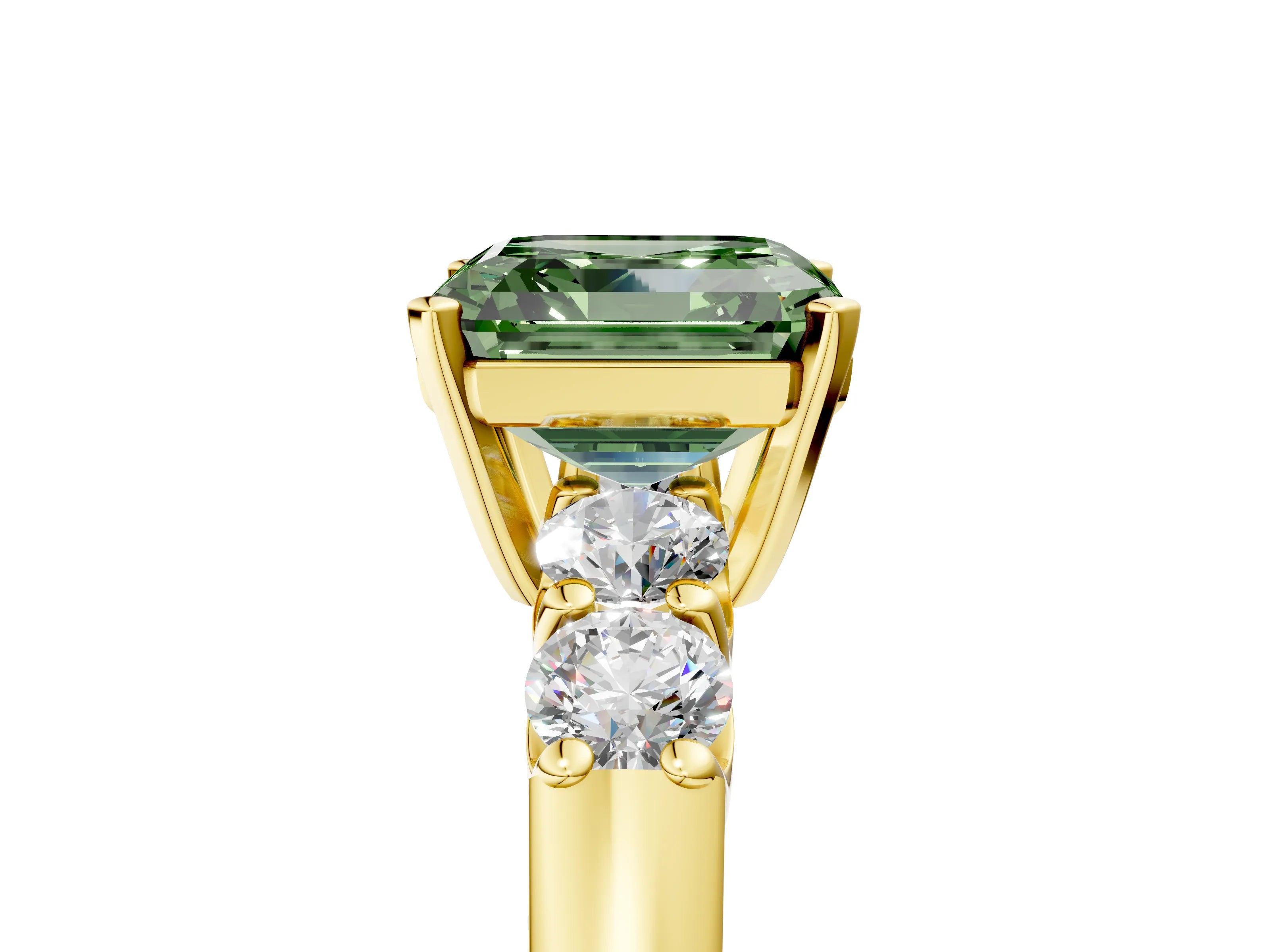Yellow gold Fancy Green Asscher Cut Brilliant Diamond Five-Stone Engagement Ring with Prong Setting on a Classic Band_8