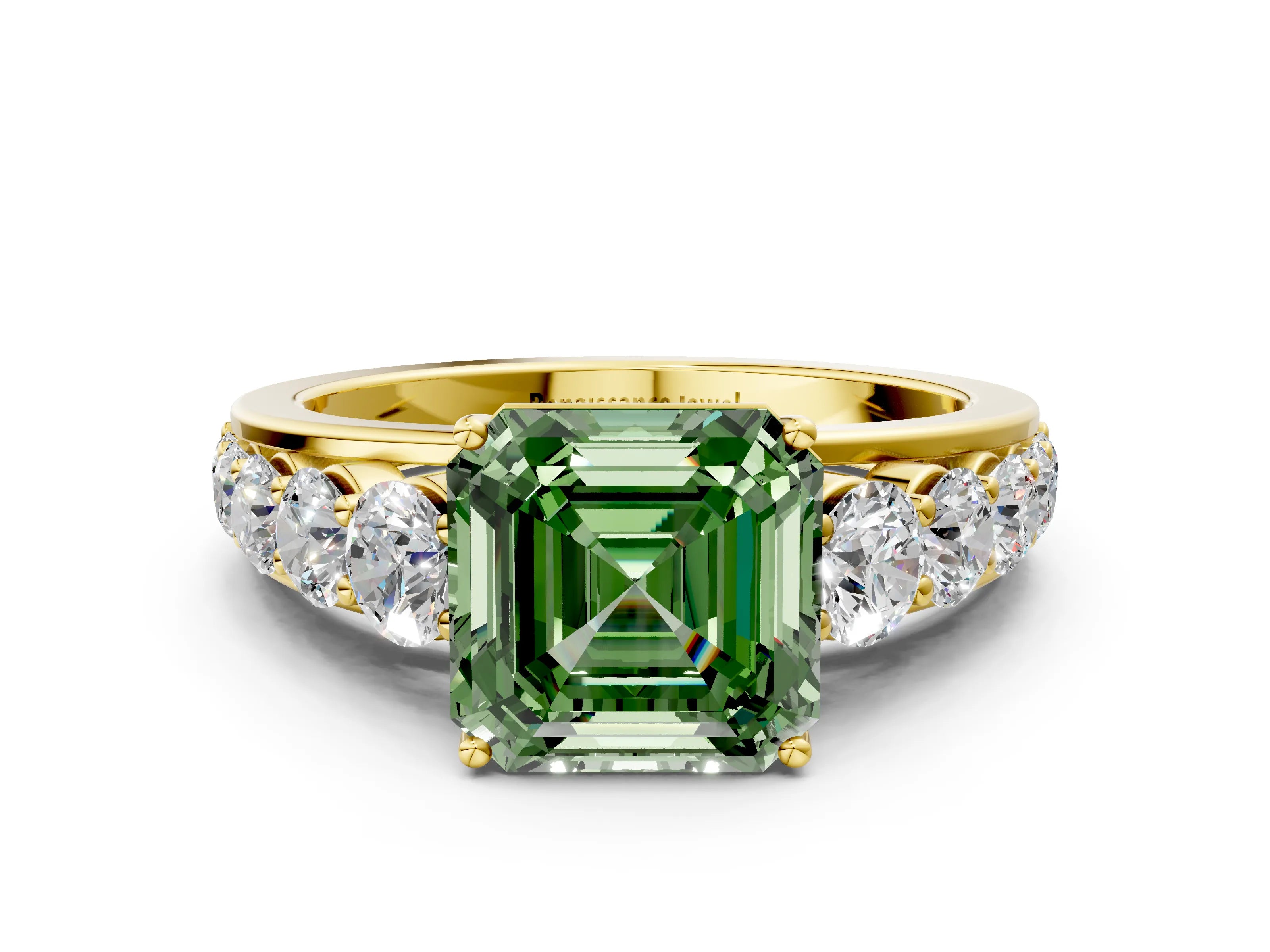 Yellow gold Fancy Green Asscher Cut Brilliant Diamond Pavé Band with Six-Prong Setting