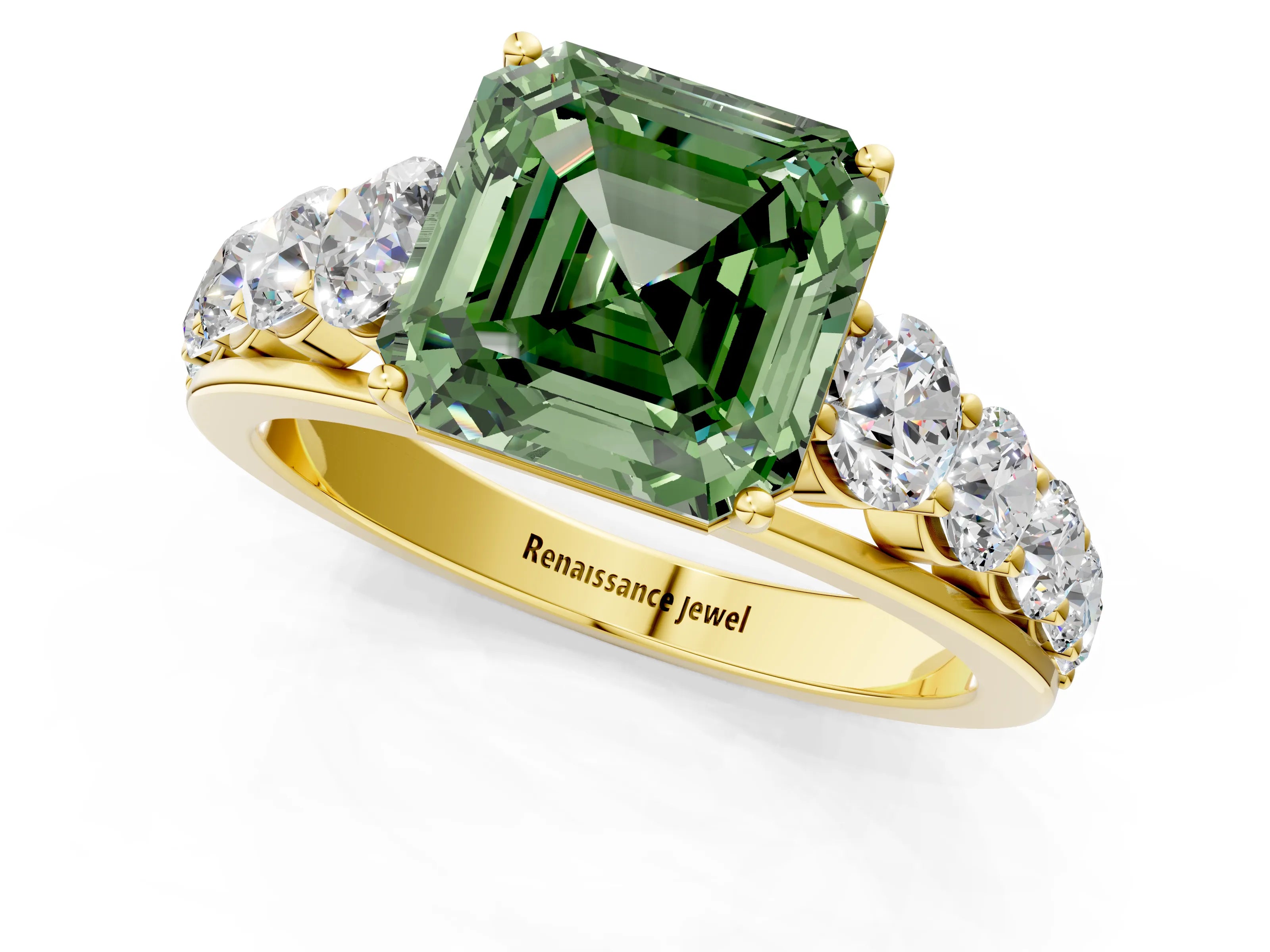 Yellow gold Fancy Green Asscher Cut Brilliant Diamond Pavé Band with Six-Prong Setting_1