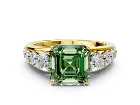 Yellow gold Fancy Green Asscher Cut Brilliant Diamond Pavé Band with Six-Prong Setting