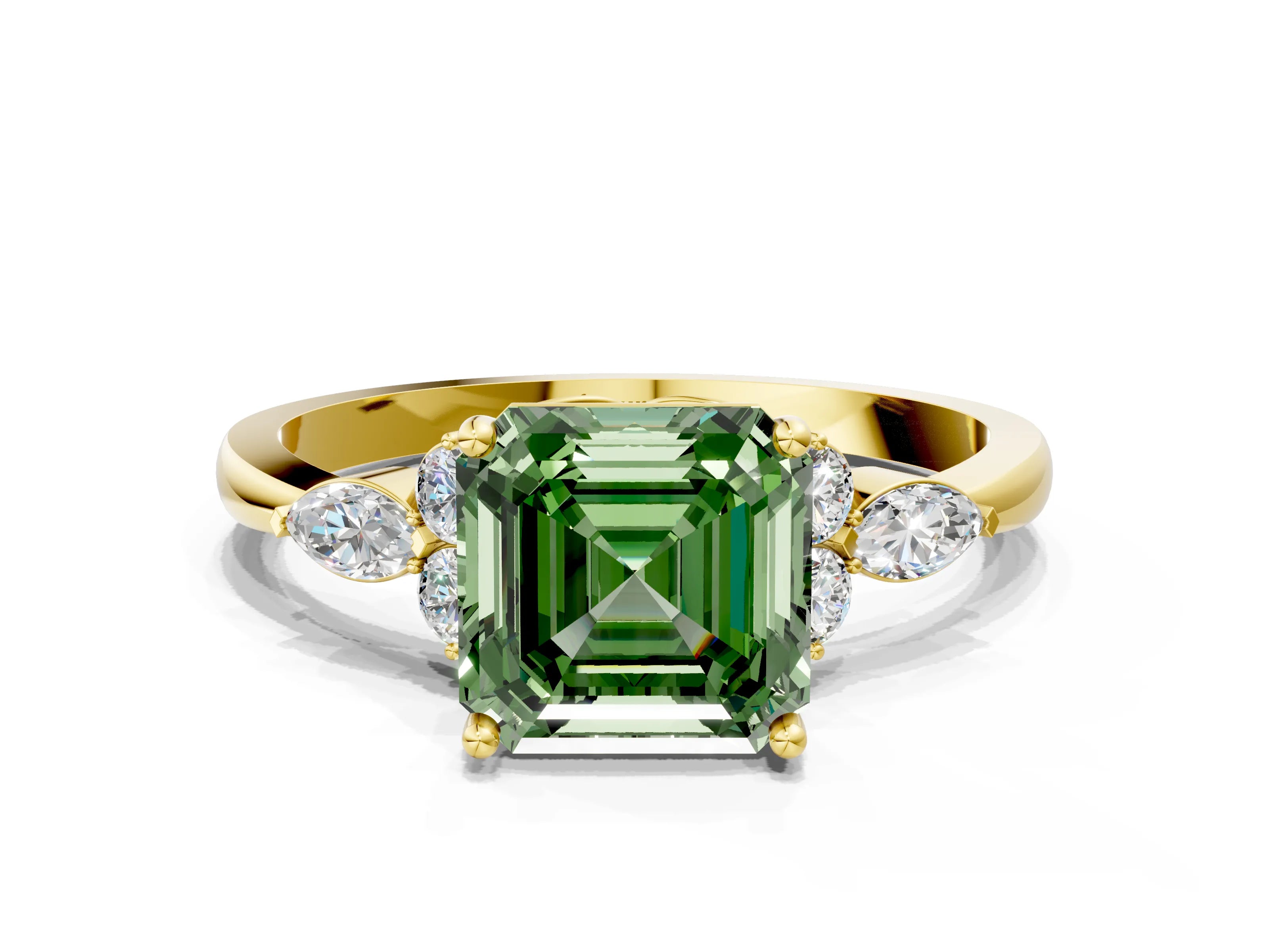 Yellow gold Fancy Green Asscher Cut Brilliant Diamond Solitaire Ring with Pear Side Stones and Four-Prong Setting_3