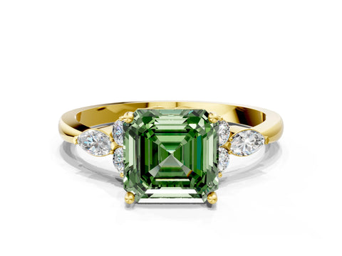 Yellow gold Fancy Green Asscher Cut Brilliant Diamond Solitaire Ring with Pear Side Stones and Four-Prong Setting_3
